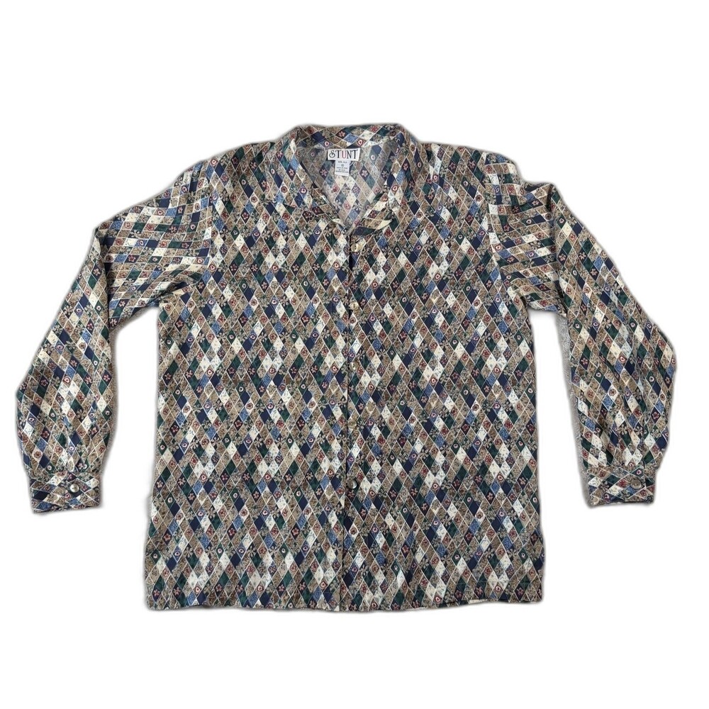 STUNT 100% Silk Shirt Women M Blue/Grn/Argyle Diamond Floral 90s/Y2K Cottagecore